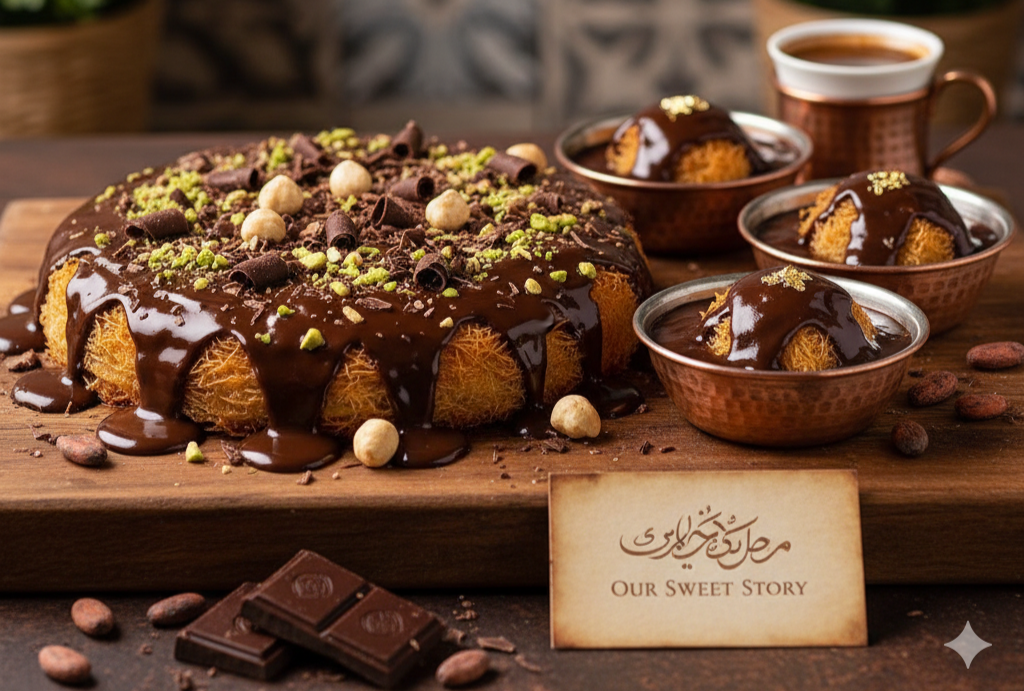 Chocolate dessert with nuts on a wooden board, accompanied by cups of coffee and a card reading 'Our Sweet Story'.